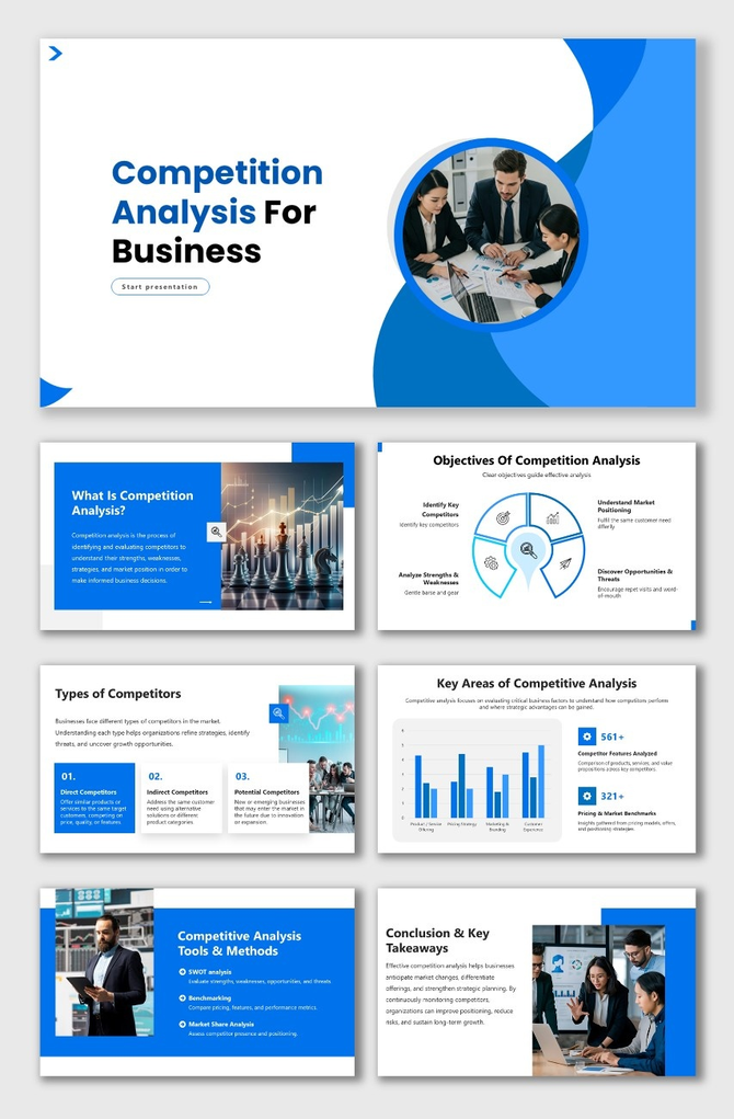 Competition Analysis For Business presentation with blue layout, charts, icons, and team discussion visuals.