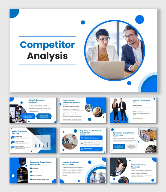 Competitor Analysis presentation with blue theme, circular images, charts, icons, and structured text blocks for insights.