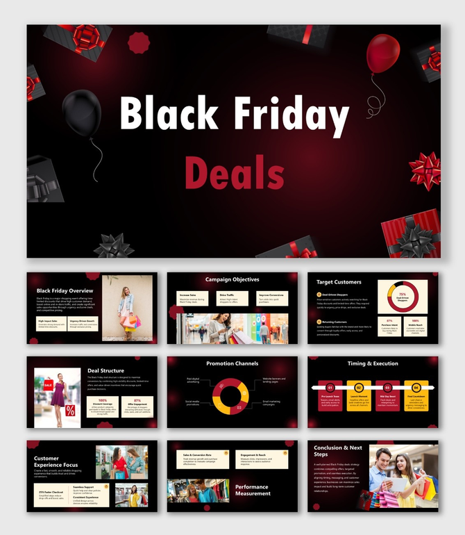 Black Friday Deals presentation with black-red theme, gift visuals, bold text, charts, and sales promotion slides.