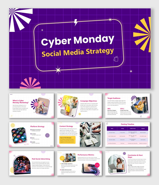Cyber Monday Social Media Strategy with purple grid design, bold title box, icons, and campaign planning slides.