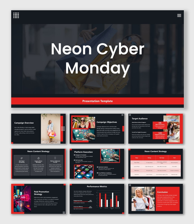 Neon Cyber Monday presentation with dark theme, red accents, bold text blocks, charts, and campaign visuals.