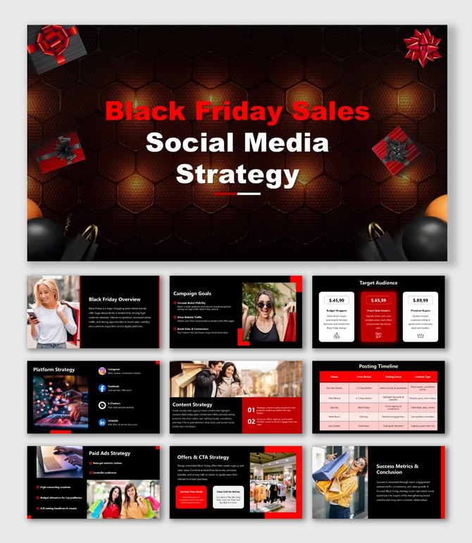 Black Friday Sales Social Media Strategy with dark hex background, red accents, promo cards, icons, and timeline slides.