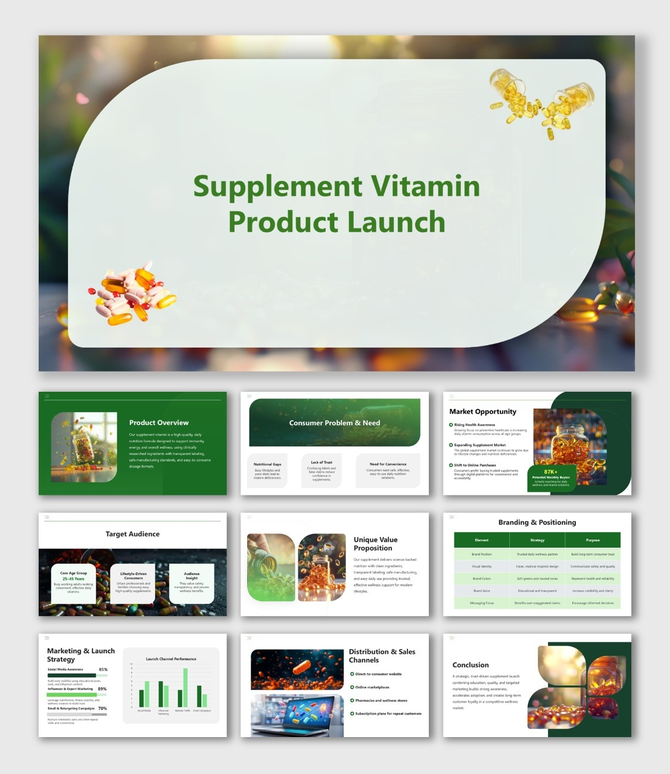 Supplement Vitamin Launch presentation with green theme, vitamin capsules, rounded shapes, and product launch visuals.