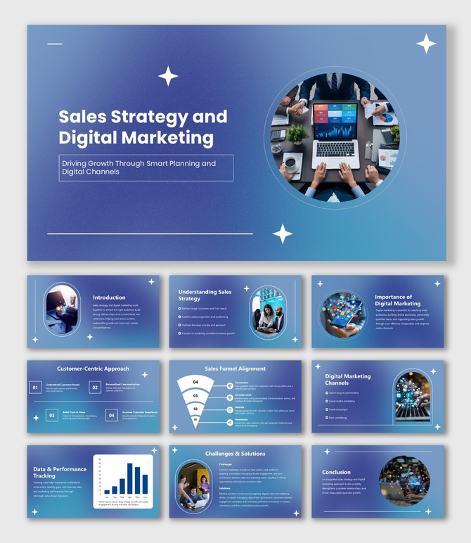 Sales Strategy and Digital Marketing presentation with blue theme, circular images, charts, and structured business slides.