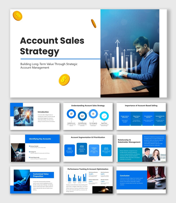 Account Sales Strategy blue-themed slides with charts, icons, coins, and growth visuals.