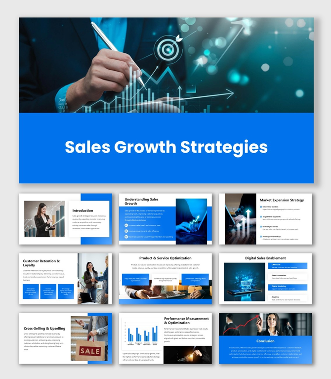 Sales Growth Strategies blue slides with charts, arrows, and data-driven text sections.