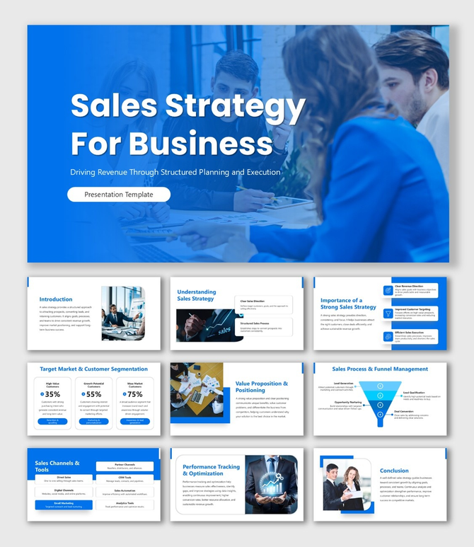 Sales Strategy For Business blue slides with team meeting photo, funnel chart, and KPI text sections.