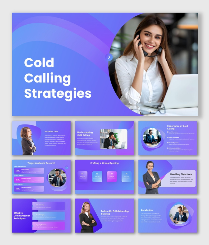 Cold Calling Strategies slides with purple gradient, headset agent images, and sales text sections.