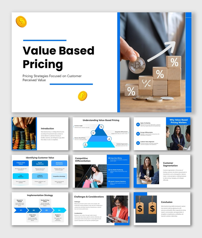 Value Based Pricing Examples slides with % blocks, coins, blue accents, and pricing model diagrams.