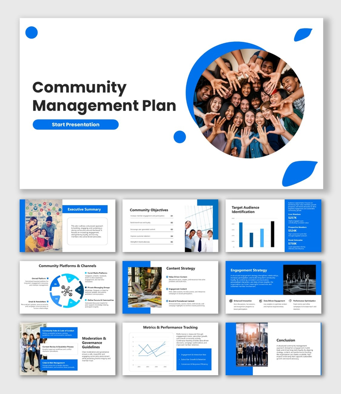 Community Management Plan slides with blue shapes, team circle photo, charts, icons, and text boxes.
