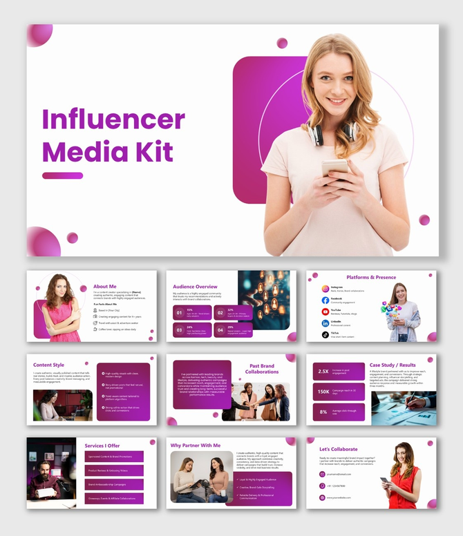 Influencer Media Kit Template pink-purple slides with influencer photos, stats charts, icons and rounded text boxes.