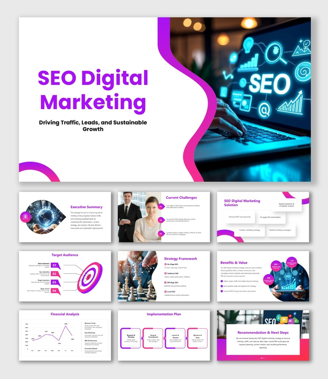 SEO Digital Marketing purple-white slides with laptop SEO icons, charts, curved shapes and text holders.