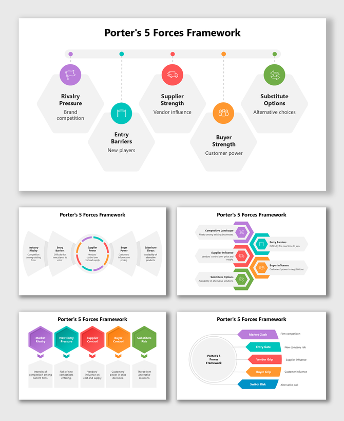 Porter's 5 Forces Framework colorful hexagon icons on grey layout showing rivalry, entry, buyers, suppliers.