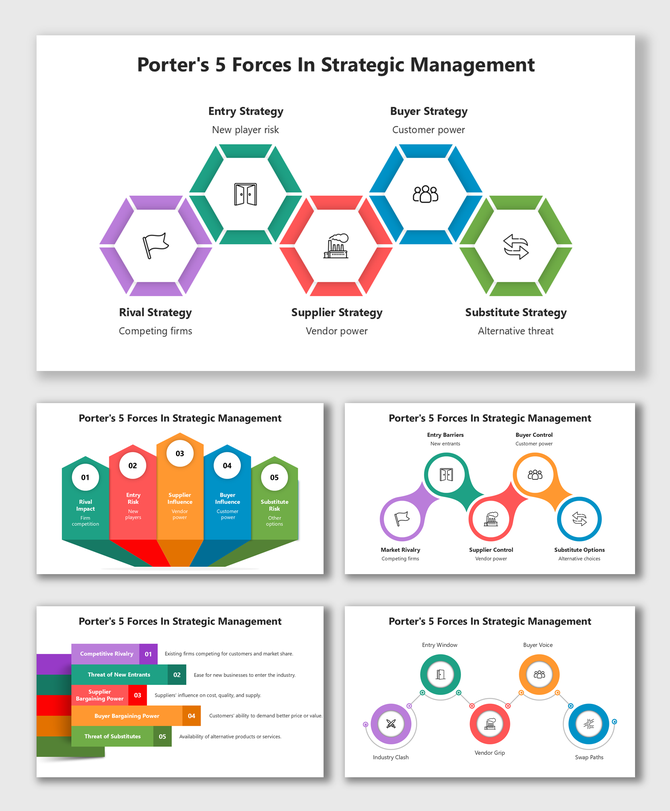 Porter's 5 Forces In Strategic Management slides with colorful hexagon icons and clean white layout.