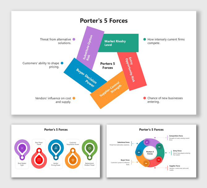 Porters 5 Forces Model infographic with colorful shapes, icons, and clean white business slide layout.