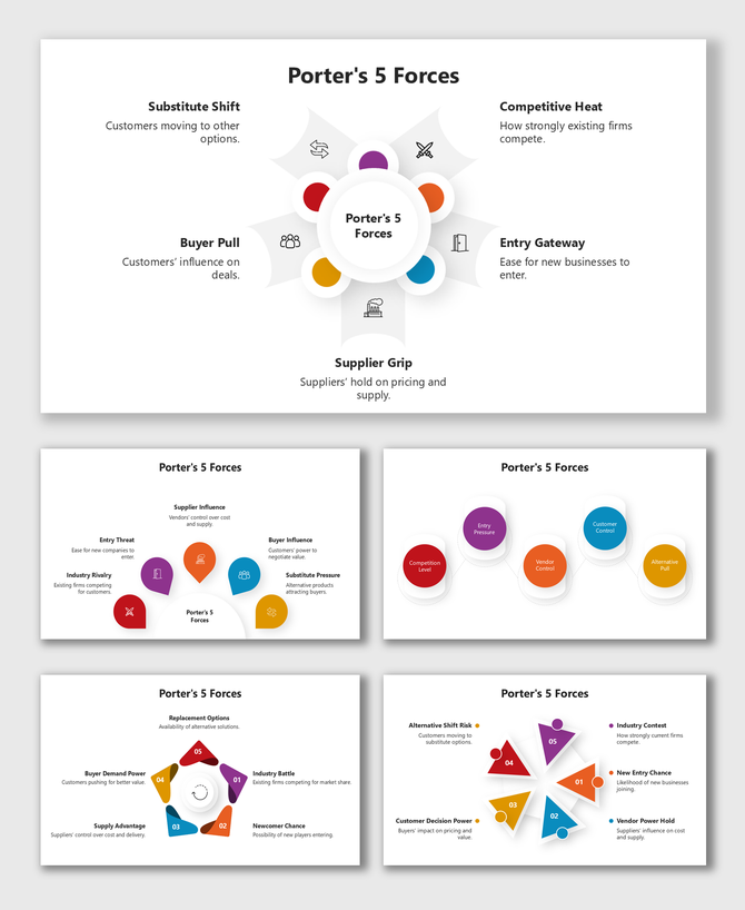 Porter's 5 Forces With Example slides with colorful icons, circle shapes, and clean white layout.