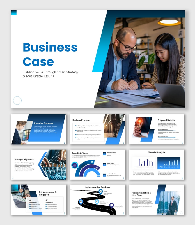 Business Case PowerPoint Template blue slides, team meeting photo, charts, icons, shapes, text areas.