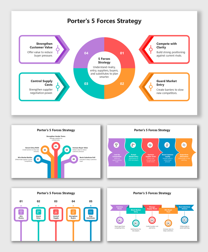 Porter's 5 Forces Strategy Model colorful circular diagram with icons, arrows, and clean white layout.