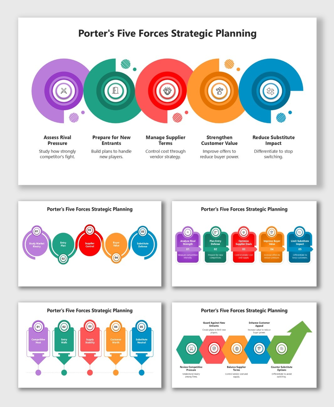 Porter's Five Forces Strategic Planning slide with 5 colored circle icons, short text boxes, clean white layout.