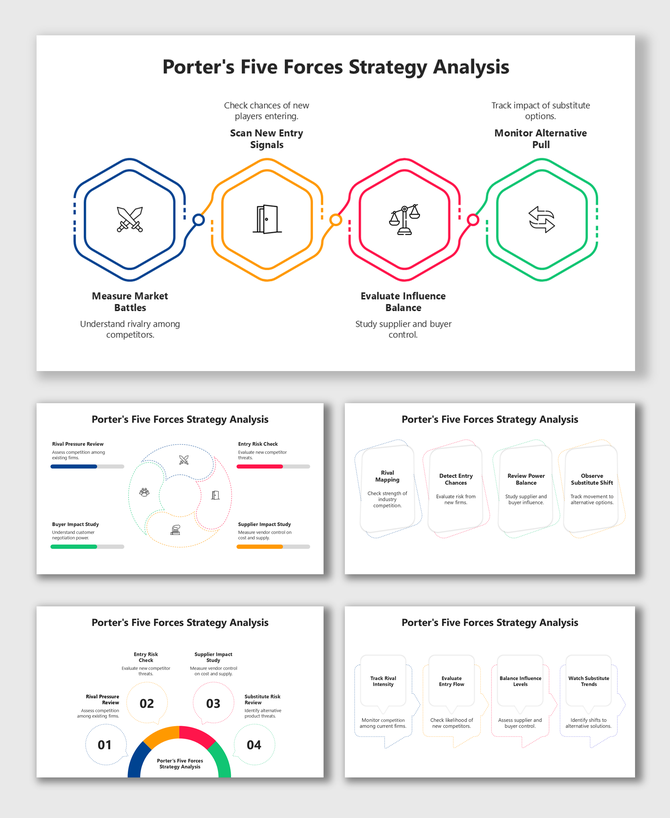 Porter's Five Forces Strategy Analysis slide with colorful hexagon icons, short text holders, clean white layout.