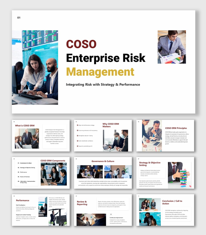COSO Enterprise Risk Management slides with white layout, red-gold headings, business team photos and ERM flow.