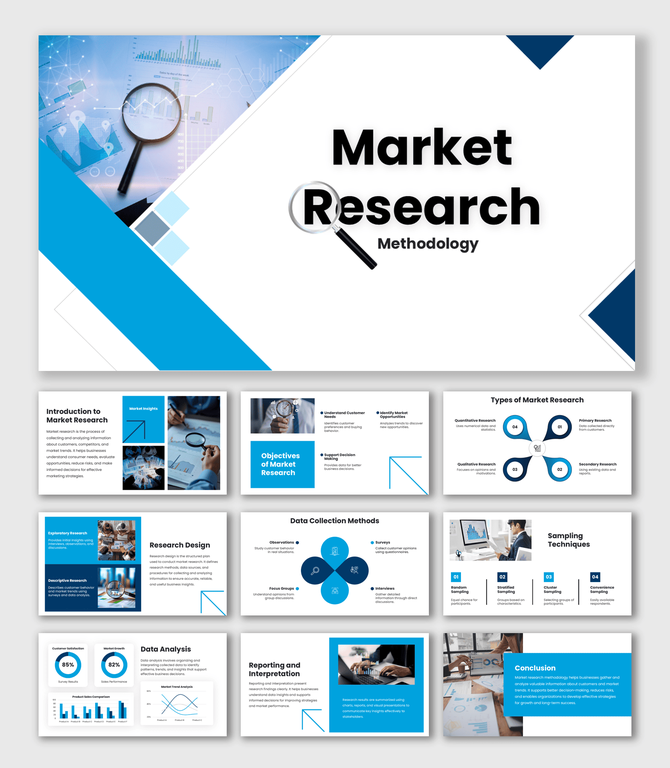 Market Research Methodology slide with magnifying glass and analytics charts image, blue shapes and white layout.