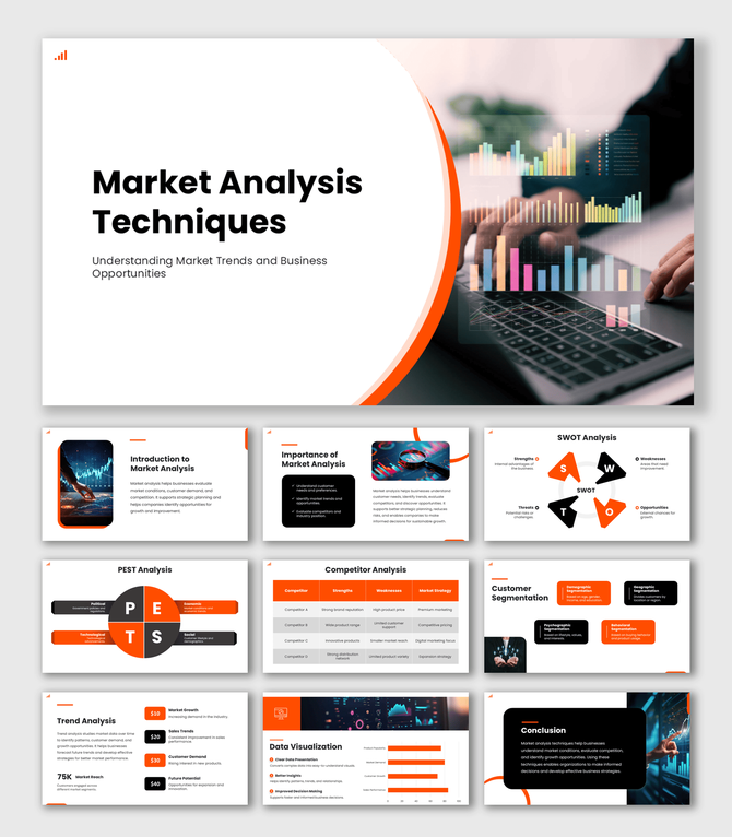 Market Analysis Techniques slide with laptop analytics charts image, orange curved shapes and clean white layout.