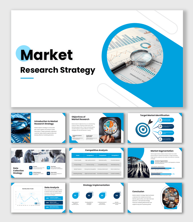 Market Research Strategy slide with magnifying glass and analytics charts image, blue shapes and clean white layout.