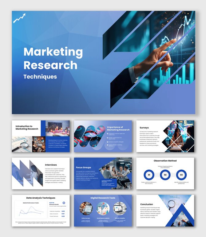 Marketing Research Techniques slide with business hand pointing analytics charts image, blue shapes and clean layout.