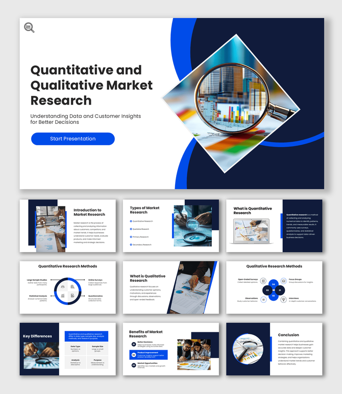 Quantitative And Qualitative Market Research slide with magnifying glass on data charts and blue shapes layout.