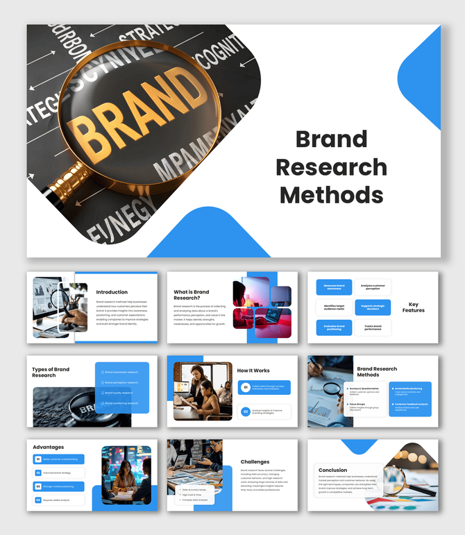 Brand Research Methods slide with magnifying glass on brand text image, blue shapes and clean white layout.