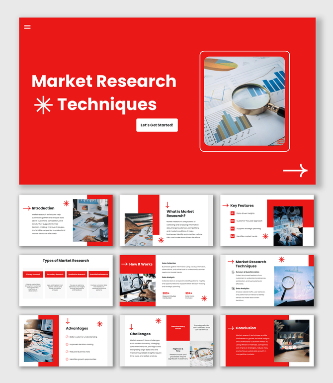 New Market Research Techniques slide with magnifying glass on charts image, red shapes and clean white layout.
