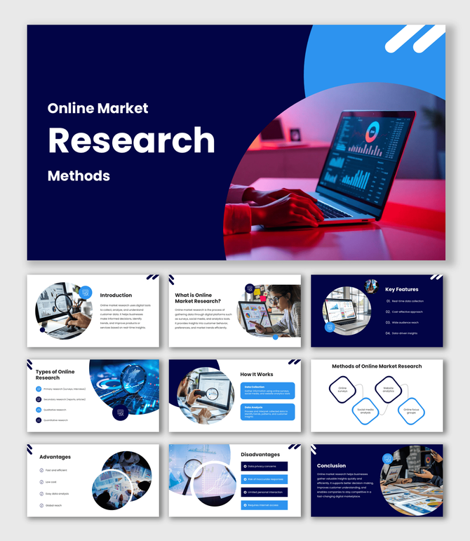 Online Market Research Methods slide with laptop analytics charts image, blue shapes and clean layout.