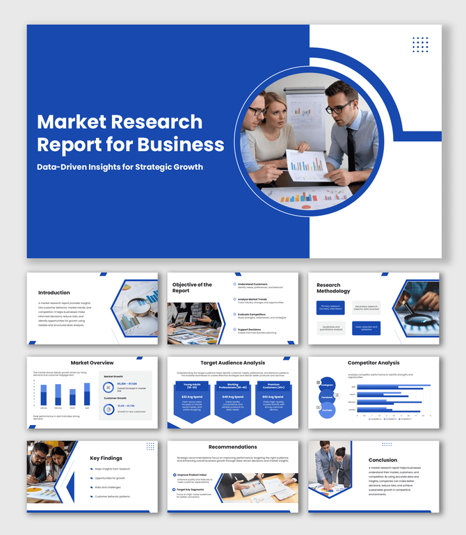 Market Research Report for Business slides with blue theme, charts, team visuals and clean structured text layouts