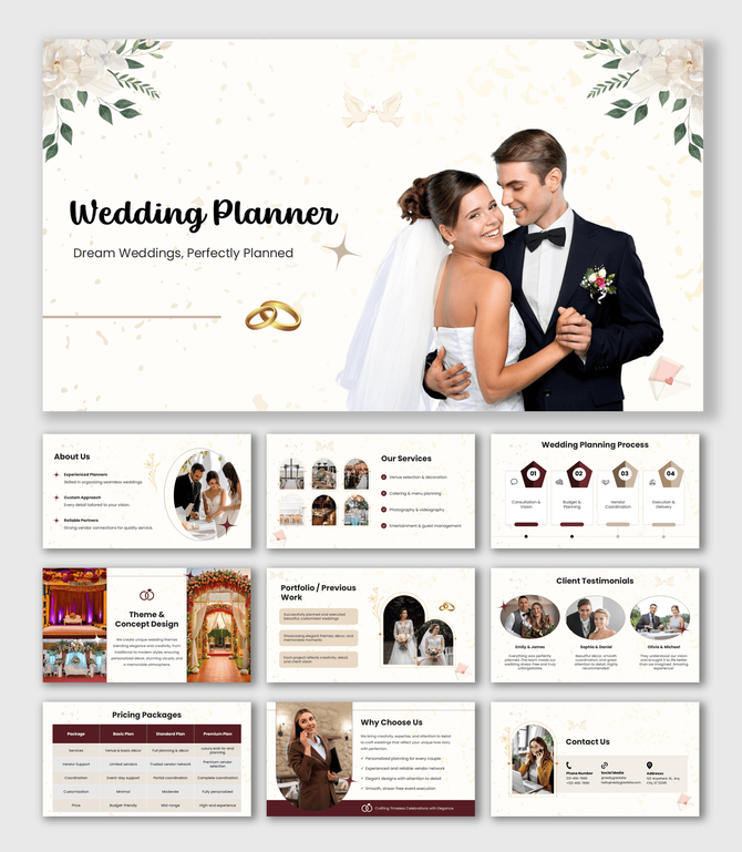 Top Wedding Planners with bride groom image, floral corners, gold rings, beige theme, elegant shapes and clean slides.