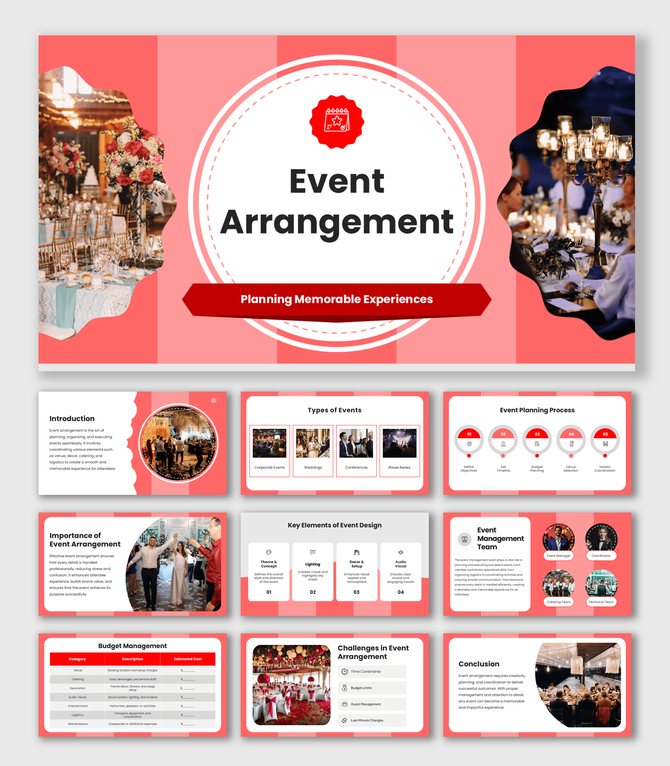 Event Arrangement slides with red theme, wedding setup images, circular shapes, icons, charts and planning process layout.
