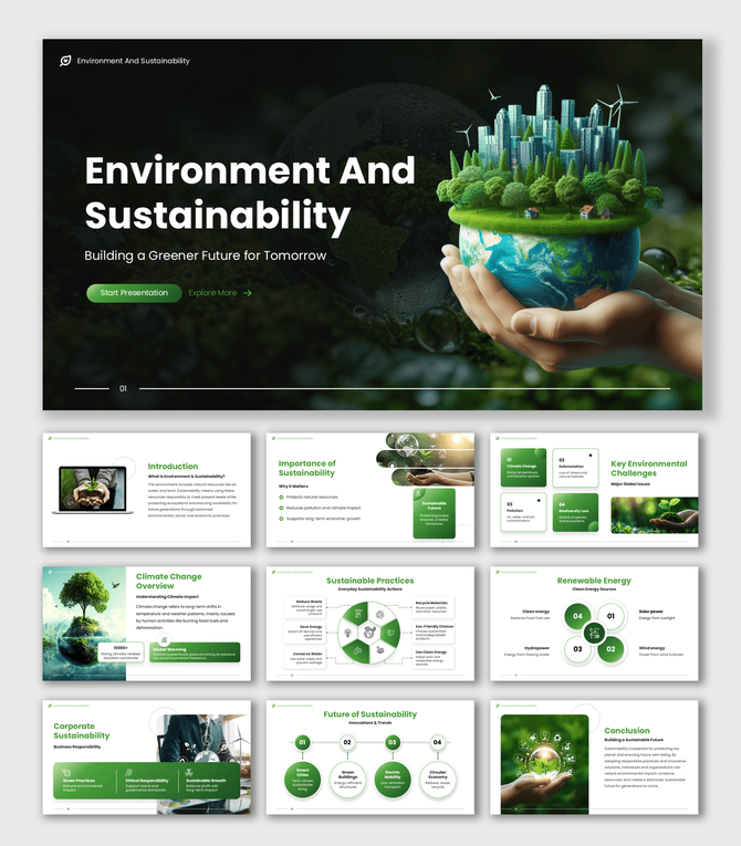 Environment And Sustainability with green theme, globe in hand, eco city visuals, icons, and clean text layout design.