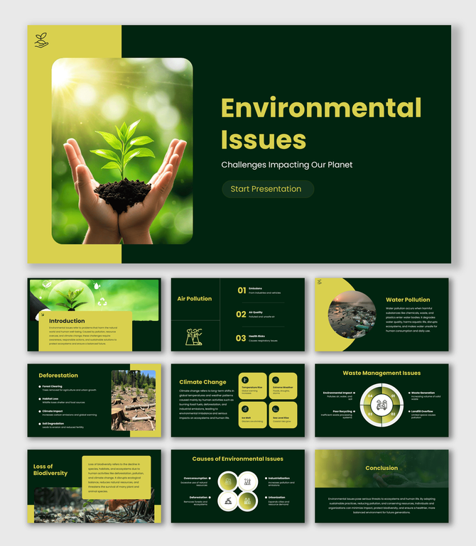 Environmental Issues with green yellow theme, plant in hands visual, icons, shapes, and clean text layout design.