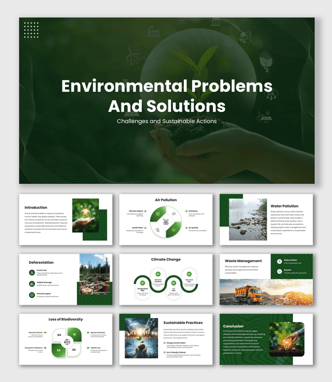 Environmental Problems And Solutions with green theme, plant in hands visual, icons, shapes, and clean text layout design.