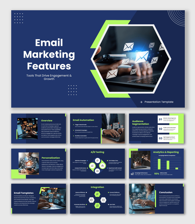 Email Marketing Features slides with blue theme, green shapes, hexagon image, icons, charts, clean layout.