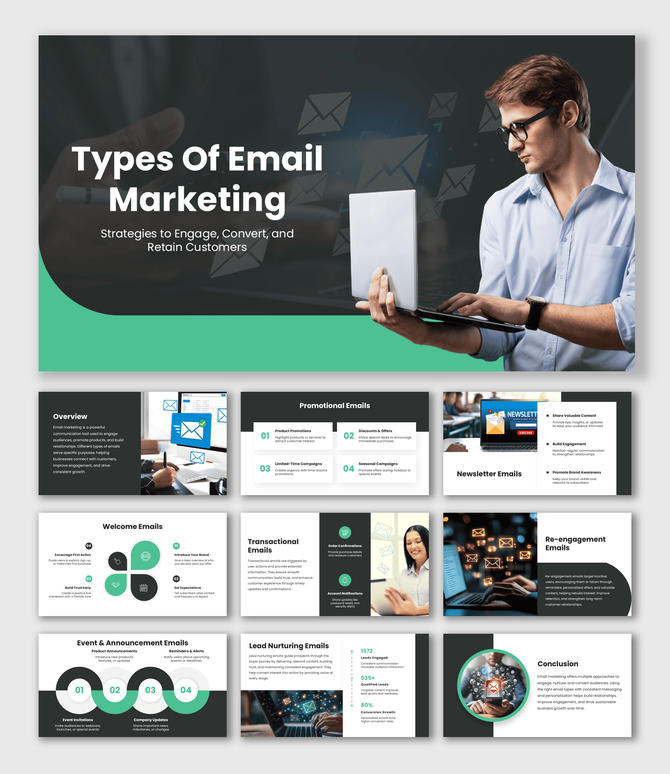 Types Of Email Marketing slides with dark theme, green accents, laptop image, icons, clean layout design.