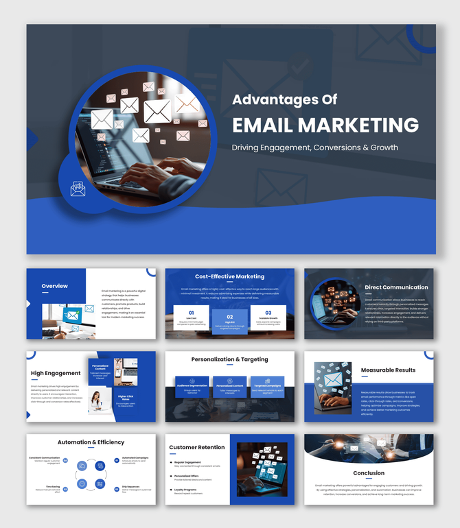 Advantages Of Email Marketing slides with blue theme, laptop image, email icons, circular shape, clean layout design.