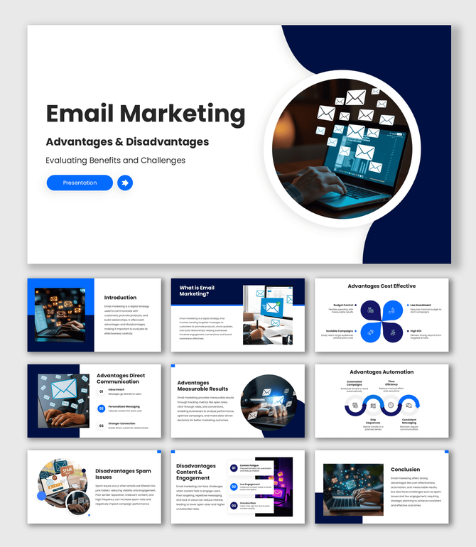 Email Marketing Advantages And Disadvantages slides with blue theme, laptop image, email icons, clean layout design.