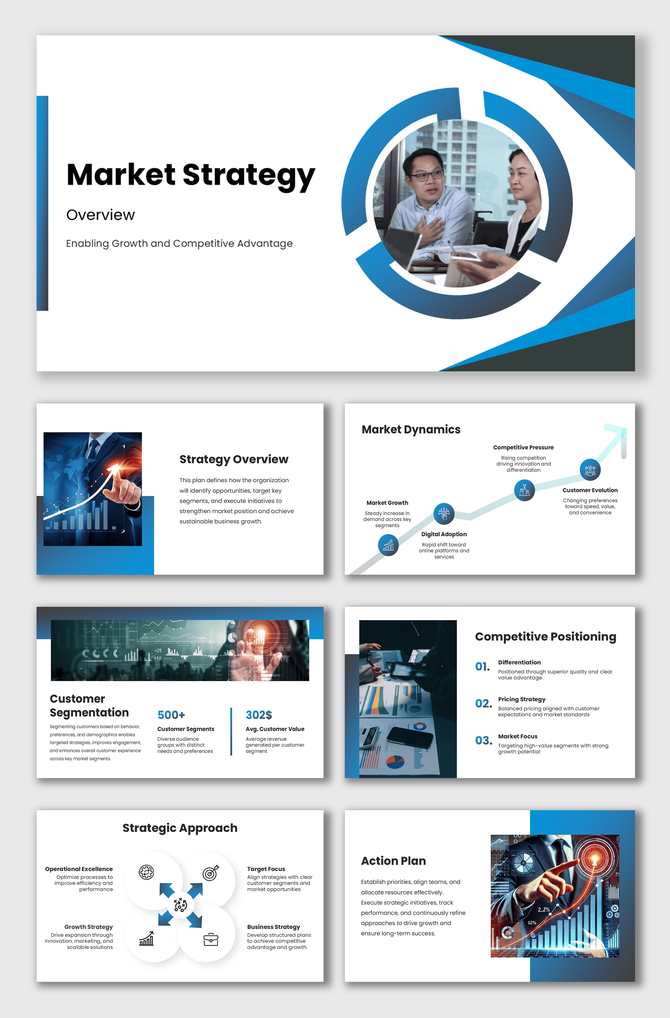 Go To Market Strategy Template PPT Download slides with blue theme, icons, shapes and clean text layouts.