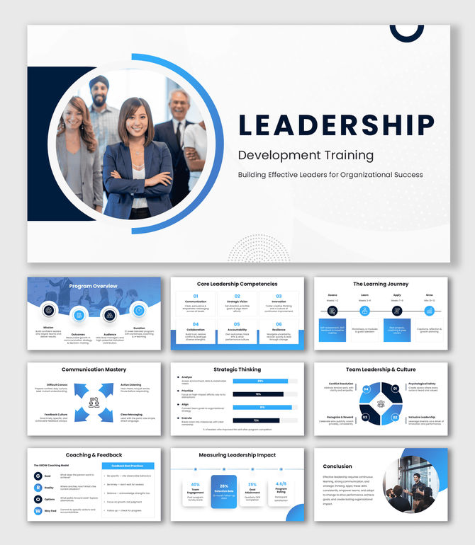 Leadership Development Training slides with blue theme, icons, circular team image, shapes and clean text layouts.