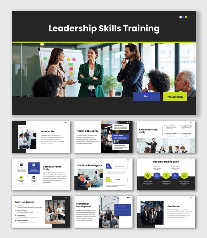 Leadership Skills Training slides with dark theme, team meeting image, icons, shapes and clean text layouts.