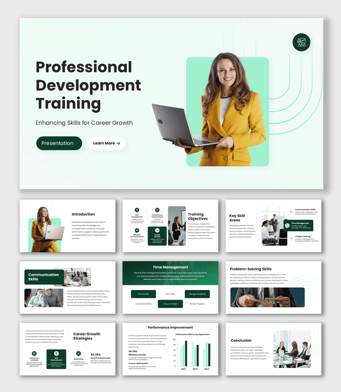Professional Development Training slides with green theme, laptop woman image, icons, shapes and clean text layouts.
