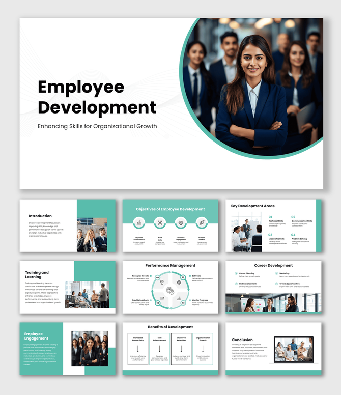 Employee Development slides with green theme, team image, icons, shapes and clean text layouts.
