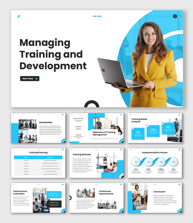 Managing Training And Development slides with blue theme, laptop woman image, icons, shapes and clean text layouts.