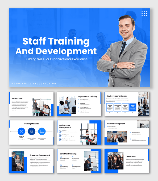 Staff Training And Development slides with blue theme, team image, icons, shapes and clear text sections.